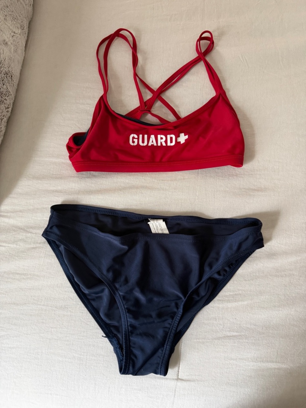 Red 'GUARD' Lifeguard Bikini Top with Navy Bottoms